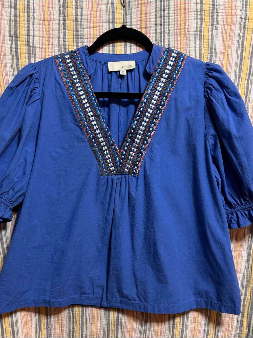 Pinch EUC Blue Boho Embroidered V-Neck Puff Sleeve 100% Cotton Top Sz M